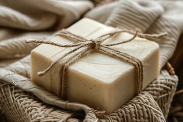 Handmade Natural Soap Bar with Rustic Twine on Cozy Knitted Fabric