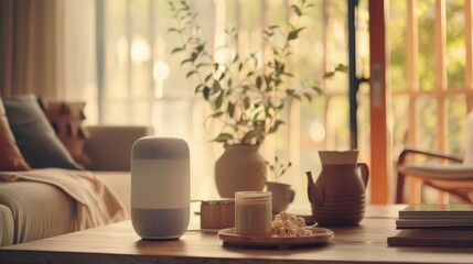 A shot of a smart speaker with an artificial intelligence assistant standing on a table in a bright, cozy living room, showcasing modern home technology.
