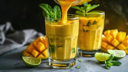Testy pineapple drink with green leaves.
