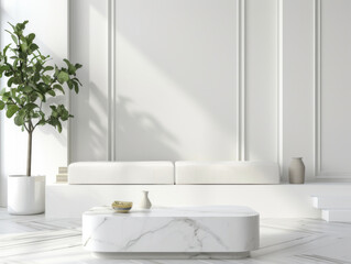 Fototapeta premium Minimalist White Marble Podium, front view focus, with a Clean Scandinavian Living Room Background