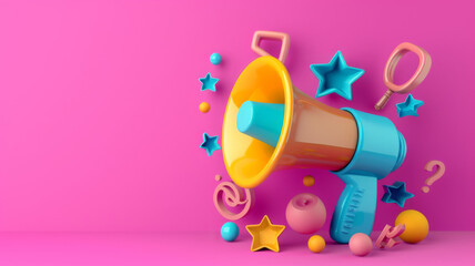 Vibrant  megaphone various marketing buzzwords like SEO social media  public relations Concept Marketing Trends