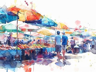 A bustling market scene with people walking around and shopping. There are colorful umbrellas and stalls selling various goods. The market is full of life and activity.
