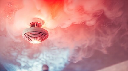 A smoke detector and interlinked fire alarm in action, with a background featuring copy space for additional text or graphics. - obrazy, fototapety, plakaty