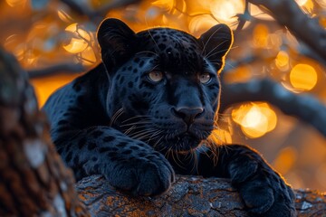 panther gracefully resting on a tree outcrop, The leopard (Panthera pardus) portrait. Melanistic leopard ,black leopard, panthera pardus, walking towards and staring at the camera, isolated on white, - obrazy, fototapety, plakaty