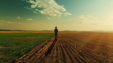 The concept of climate change, the contrast of a green, dry and barren field with a human silhouette