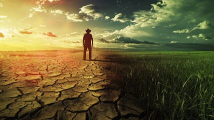 The concept of climate change, the contrast of a green, dry and barren field with a human silhouette