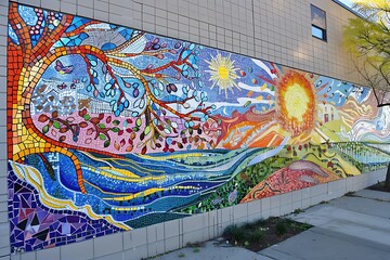 A colorful mosaic mural adorning a neighborhood wall, created by community members of all ages, symbolizing unity, diversity, and the collective spirit of creativity.