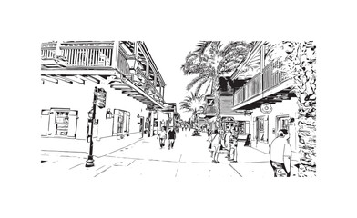 Print Building view with landmark of St Augustine is the city in USA. Hand drawn sketch illustration in vector.