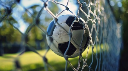 A soccer ball positioned inside a goal, representing the excitement and achievement of scoring during a soccer match.