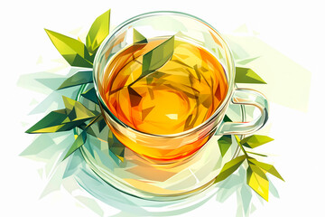 Glass cup of tea with green leaves on a white background. Vector illustration.