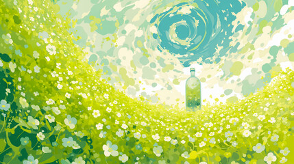 Green nature background with a bottle of water and flowers. Vector illustration.