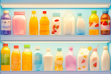 Illustration of a fridge full of dairy products including yogurt, yoghurt, milk, juice and fruit