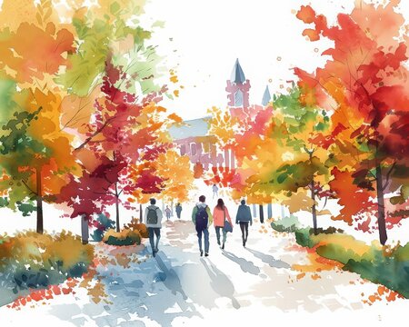 A watercolor painting of a college campus in the fall
