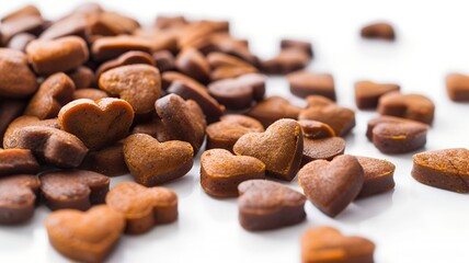 Obraz premium background for a pet store. Assortment of dry pet food. Daily diet in the shape of hearts