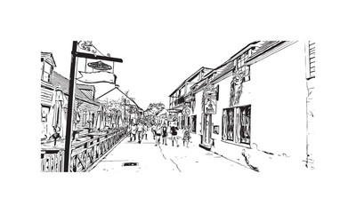 Print Building view with landmark of St Augustine is the city in USA. Hand drawn sketch illustration in vector.