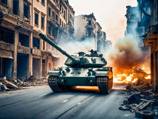Panzer fährt durch eine zerstörte Stadt