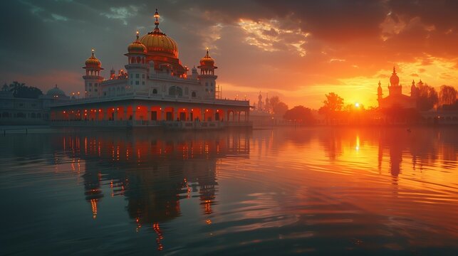 Sacred Serenity: Gurdwara Sunset Reflection, generative ai