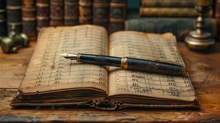 Antique Financial Ledger with Fountain Pen, generative ai