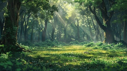 A serene forest with sunlight filtering through the leaves, casting dappled shadows on the lush green ground.