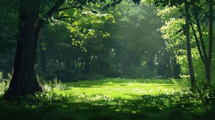 A serene forest with sunlight filtering through the leaves, casting dappled shadows on the lush green ground.