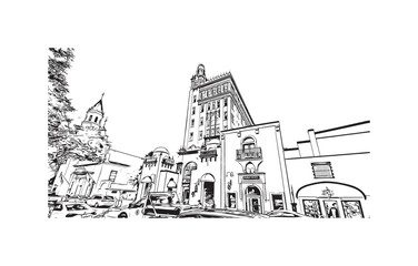 Print Building view with landmark of St Augustine is the city in USA. Hand drawn sketch illustration in vector.