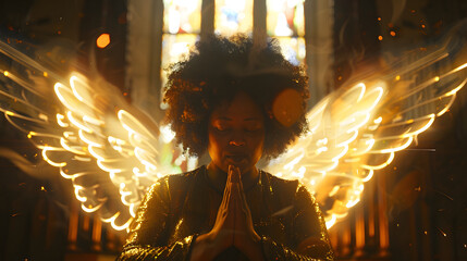 Graceful Glow: An Afro Woman's Prayer in the Chapel, Angelic Wings Aglow, celestial God Jesus Maria chapel