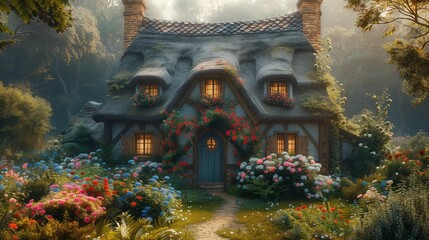 Naklejka premium Idyllic Thatched Roof Cottage at Dawn, generative ai