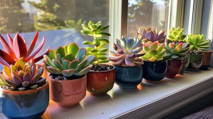 a row of succulent plants on plant pots
