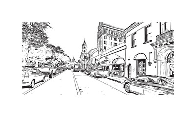 Print Building view with landmark of St Augustine is the city in USA. Hand drawn sketch illustration in vector.