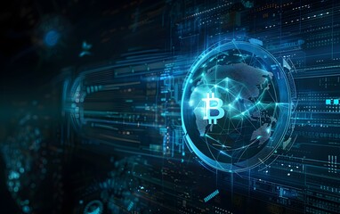 abstract blue hologram with bitcoin symbol on globe in the center, futuristic background for digital technology and online business concept