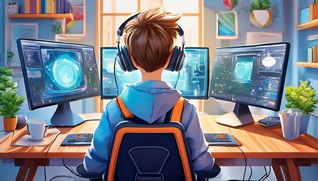 Animation 16 year old young boy tplaying games in computer and have gaming chair and 3 big moniter and in moniter screen play games and best details animation and boy give sing to come