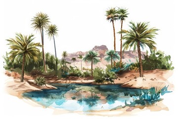 Fototapeta premium A beautiful oasis in the middle of the desert. The oasis is surrounded by palm trees and has a crystal clear pool of water.