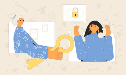 Online autism psychotherapy concept. Psychology consultation adult woman. Private psychotherapy sessions. Therapist and patient talk. Vector outline illustration.