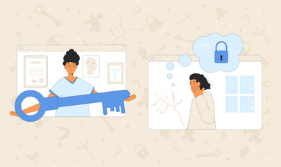 Online psychotherapy concept. Psychology consultation. Private psychotherapy sessions. Therapist and patient talk about meal of choice . Metaphor for mental wellness Vector outline illustration.