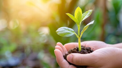 A person gently cradling a small plant in their hands, showing care and attention