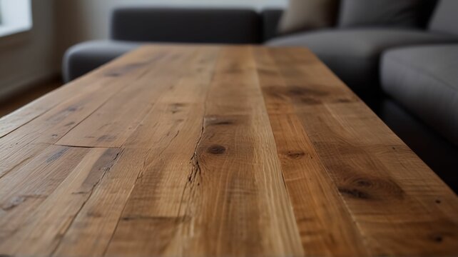 A wooden table top made of sawn wood in the interior of the room on the background of a sofa