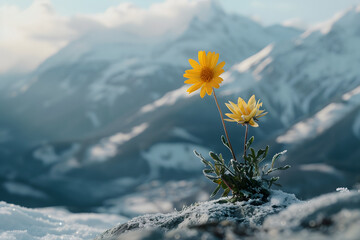 Purple flower in snowy field with mountains in background