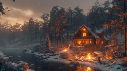 Serene Snowy Forest Escape with Fire Pit, generative ai