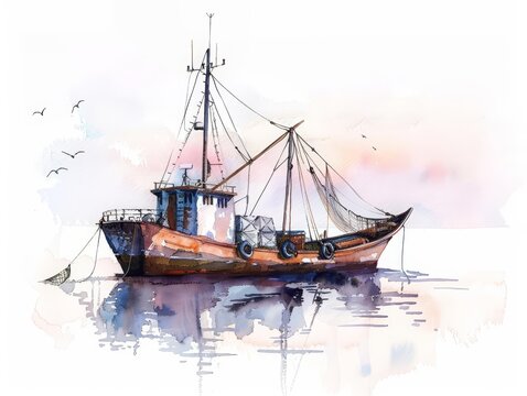 Aquarelle d'un bateau de peche.
