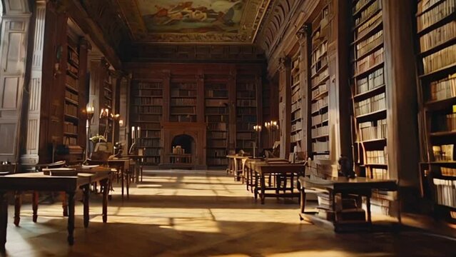 Ancient library with many books on the shelves. Generated with AI