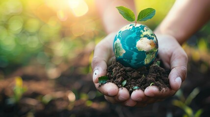 A person is shown holding a small replica of Earth in their hands, symbolizing care for the planet