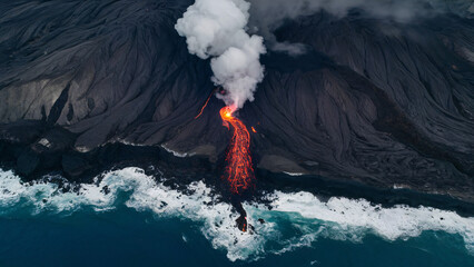 A stunning aerial top-down view of a raging lava stream, reaching the coast and cascading into the sea - obrazy, fototapety, plakaty