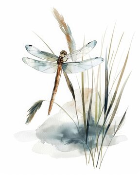A watercolor painting of a dragonfly perched on a stalk of grass