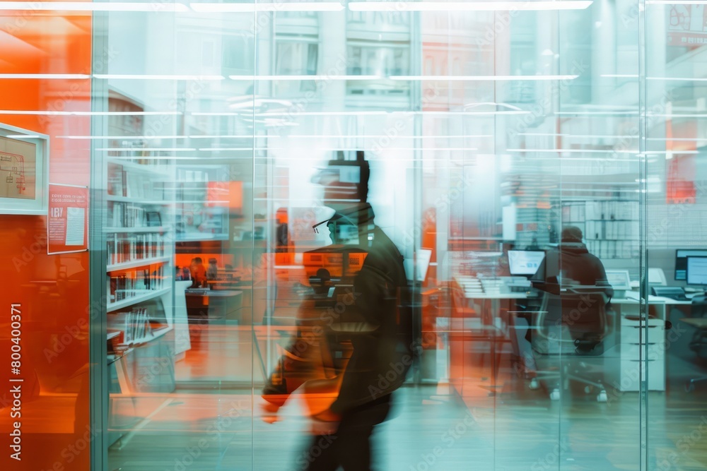 Aufkleber a blurry image of a man walking through a glass office building. the man is wearing a backpack and h