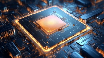 Fototapeta premium A close-up of a microchip core emanating a glow surrounded by intricate circuits