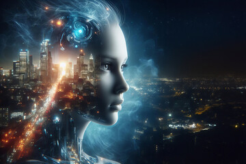 A woman face is shown in a cityscape with a futuristic look