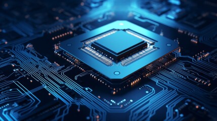 Fototapeta premium A high-tech microchip is featured within a network of printed circuit boards glowing with an orange light