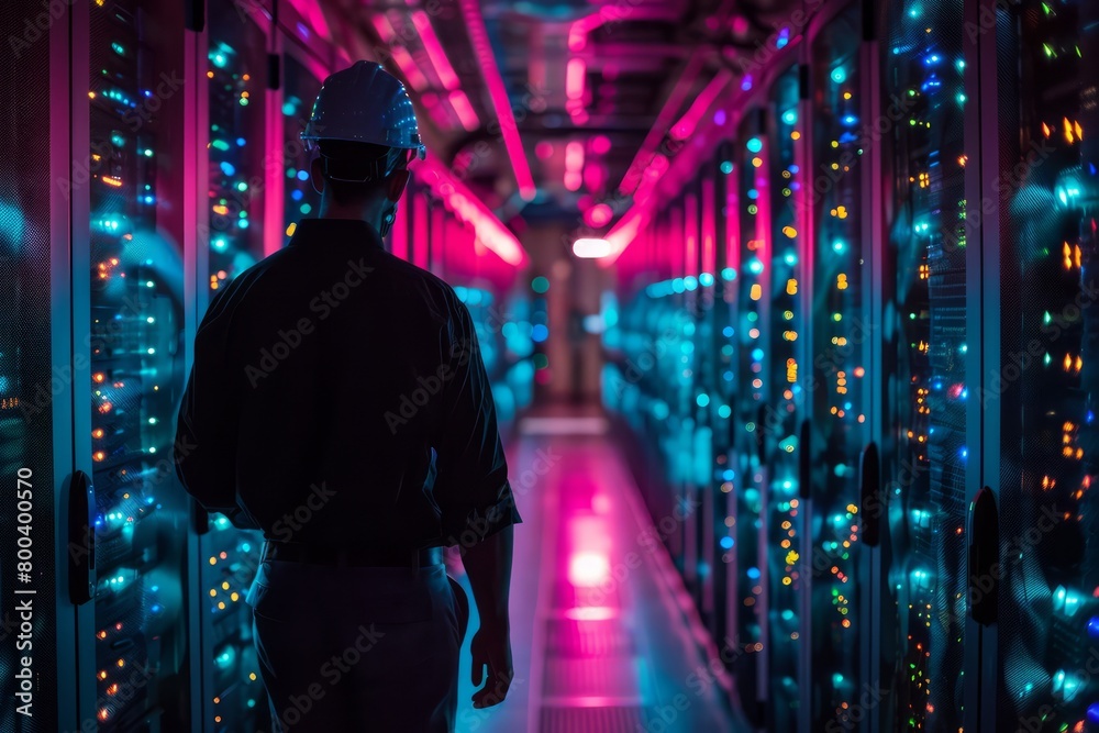 Poster a man wearing a hard hat walks through a brightly lit room with neon lights. the room is filled with