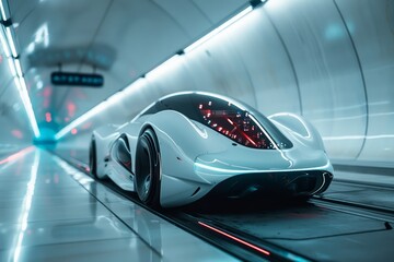 A futuristic car is driving down a tunnel. The tunnel is illuminated with bright lights, creating a sense of excitement and adventure. The car is sleek and modern, with a design that suggests speed