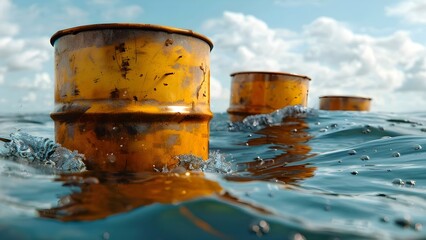 The grave issue of industrial pollution highlighted by yellow toxic waste barrels in the ocean. Concept Environmental Pollution, Waste Disposal, Industrial Negligence